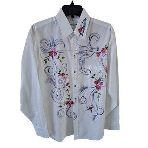 Hand-Painted Creative Artwear White Button-Up Shirt  Floral  Bird Women's Med